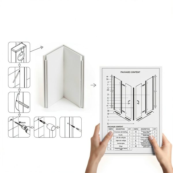 Corner Shower Enclosure Kit 34" D ×34" W × 72" H, Stand Up Shower Stall Kit with 1/4" Clear Corner Shower Glass Door, Bi-Fold Tempere Frameless Glass, Matte Black, Base Not Included-7